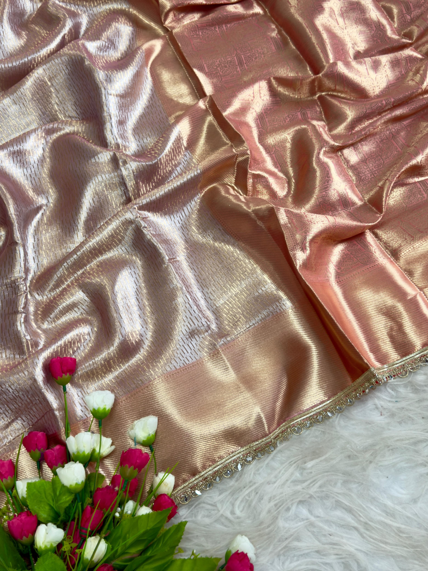 Pastel Pink Pure Banarasi Tissue Silk Shimmering Silver Shine Body Gold Zari Lace Border Saree