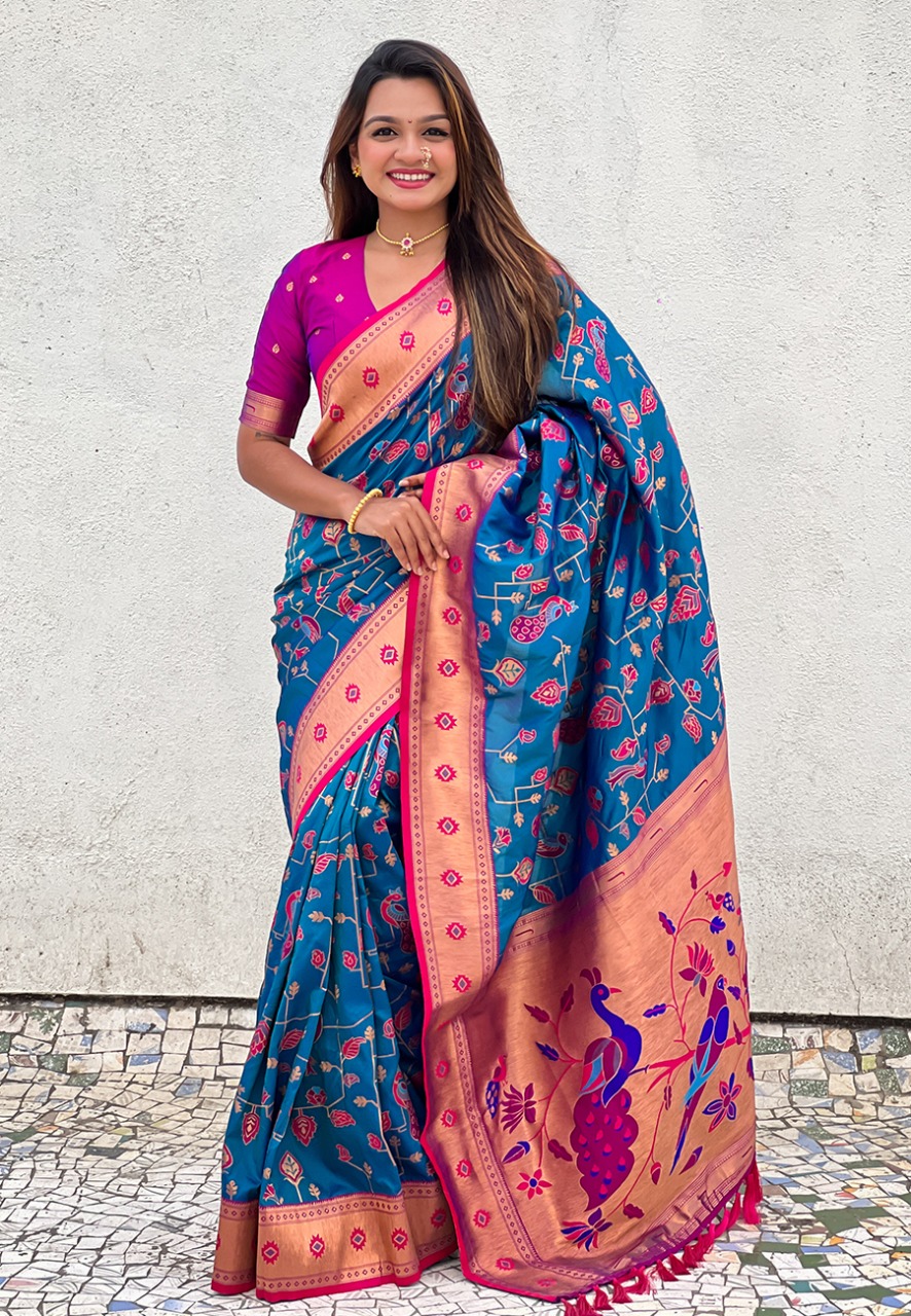 Blue Pure Banarasi Paithani Silk Zari Meena Weaved Saree