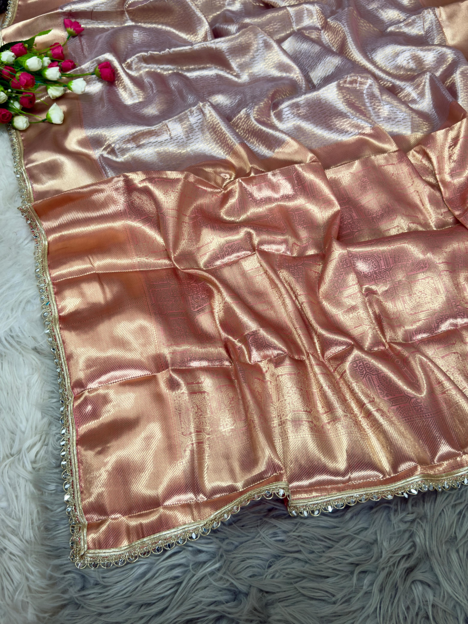 Pastel Pink Pure Banarasi Tissue Silk Shimmering Silver Shine Body Gold Zari Lace Border Saree