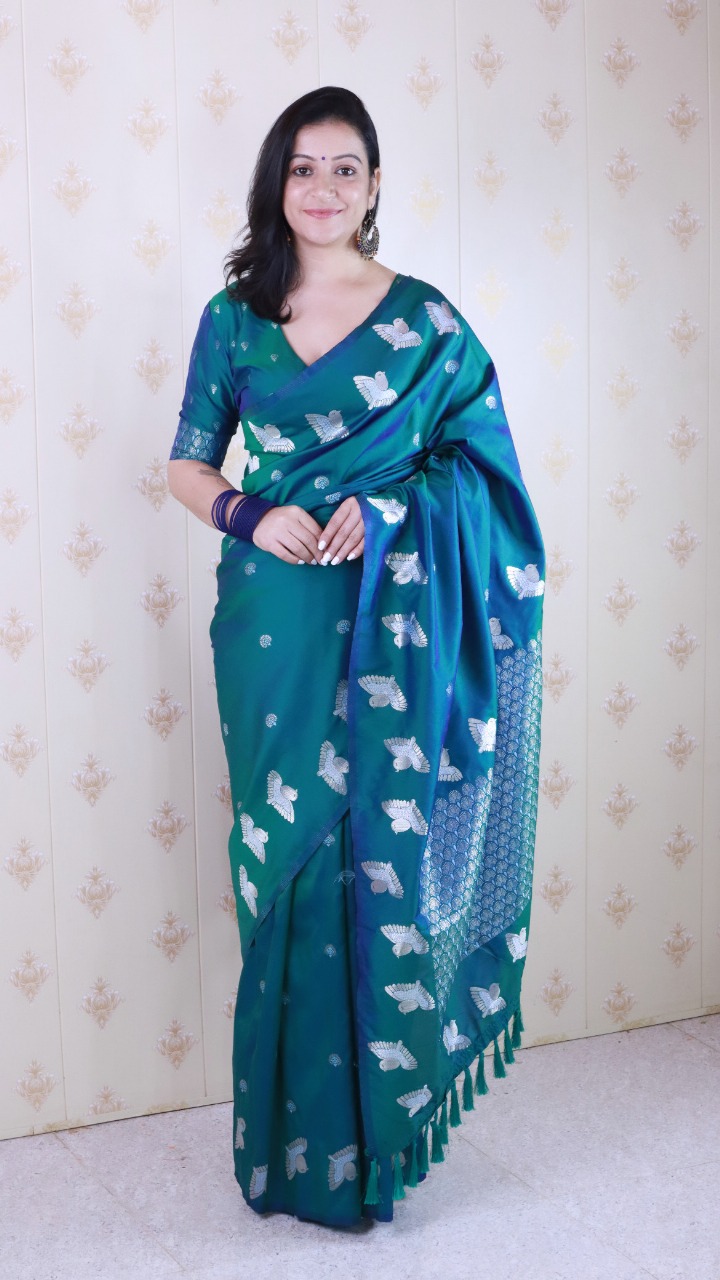 Jade Green Soft Moonga Silk Floral Motif Rich Pallu Bird Border Saree