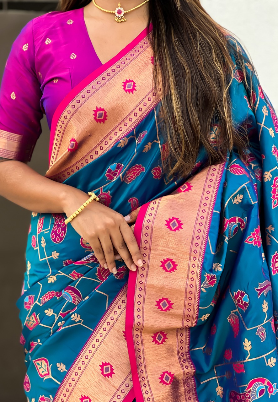 Blue Pure Banarasi Paithani Silk Zari Meena Weaved Saree