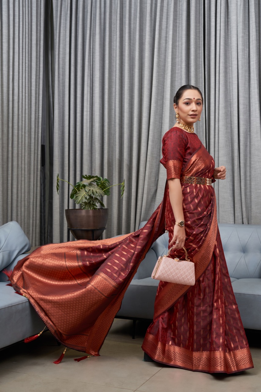Pure Banarasi Silk Copper Zari Weaved Rich Pallu And Border Sarees
