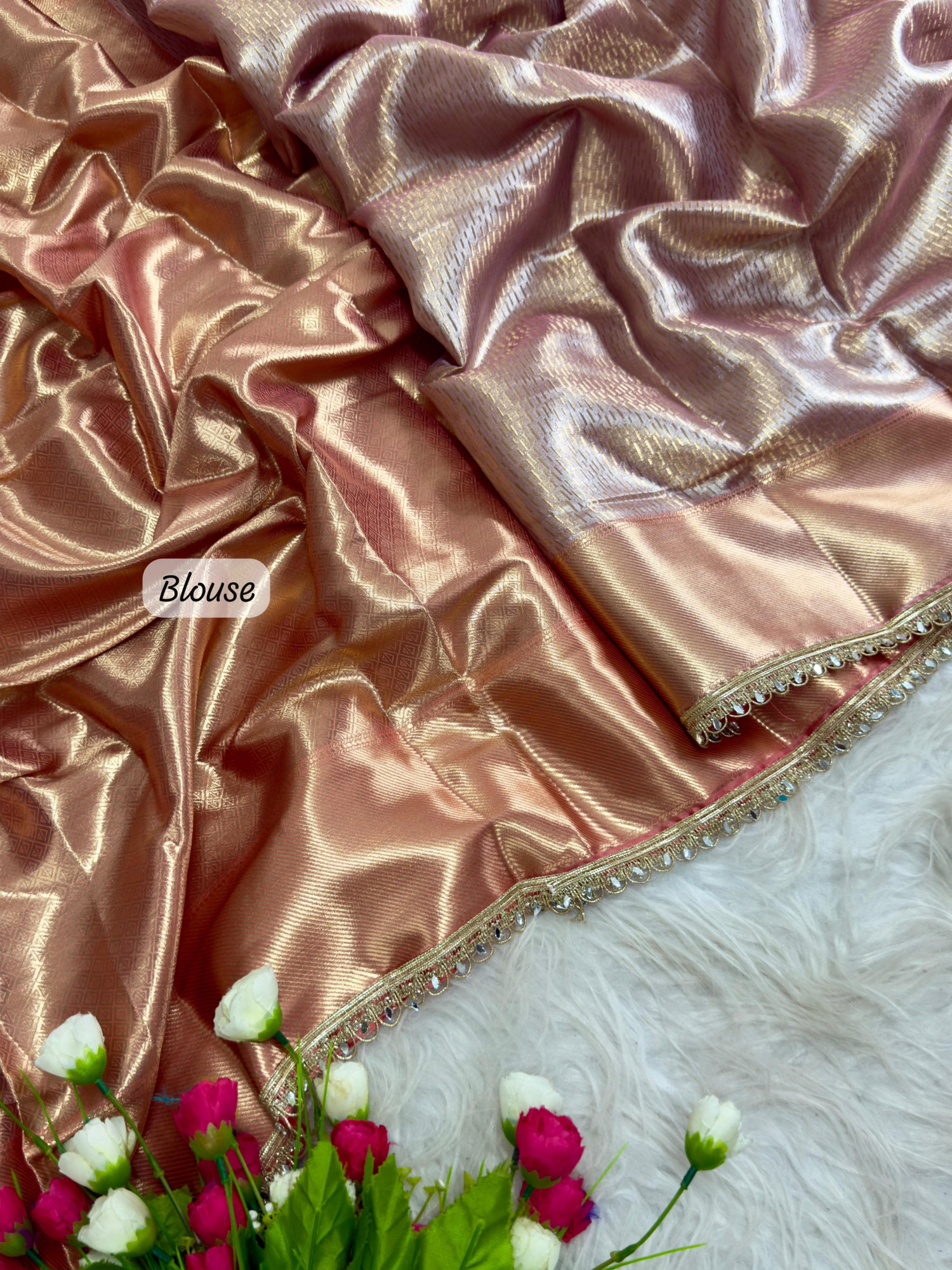 Pastel Pink Pure Banarasi Tissue Silk Shimmering Silver Shine Body Gold Zari Lace Border Saree