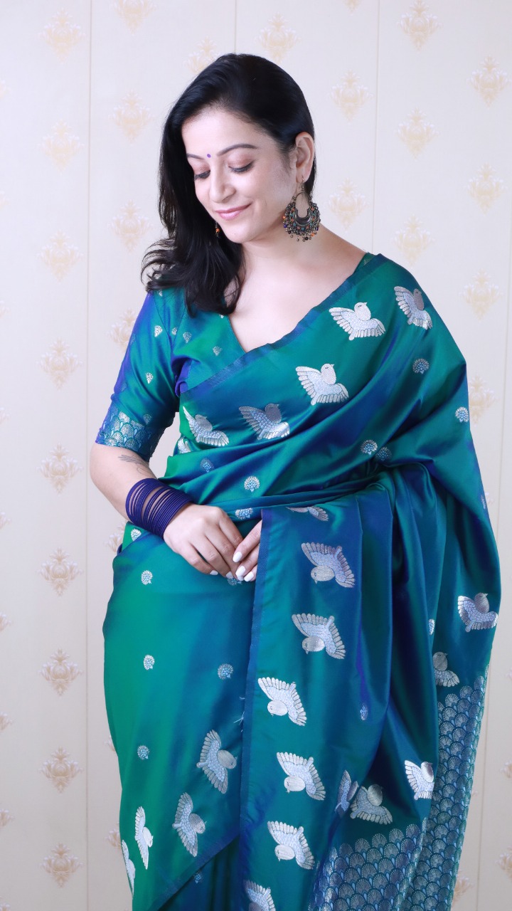 Jade Green Soft Moonga Silk Floral Motif Rich Pallu Bird Border Saree