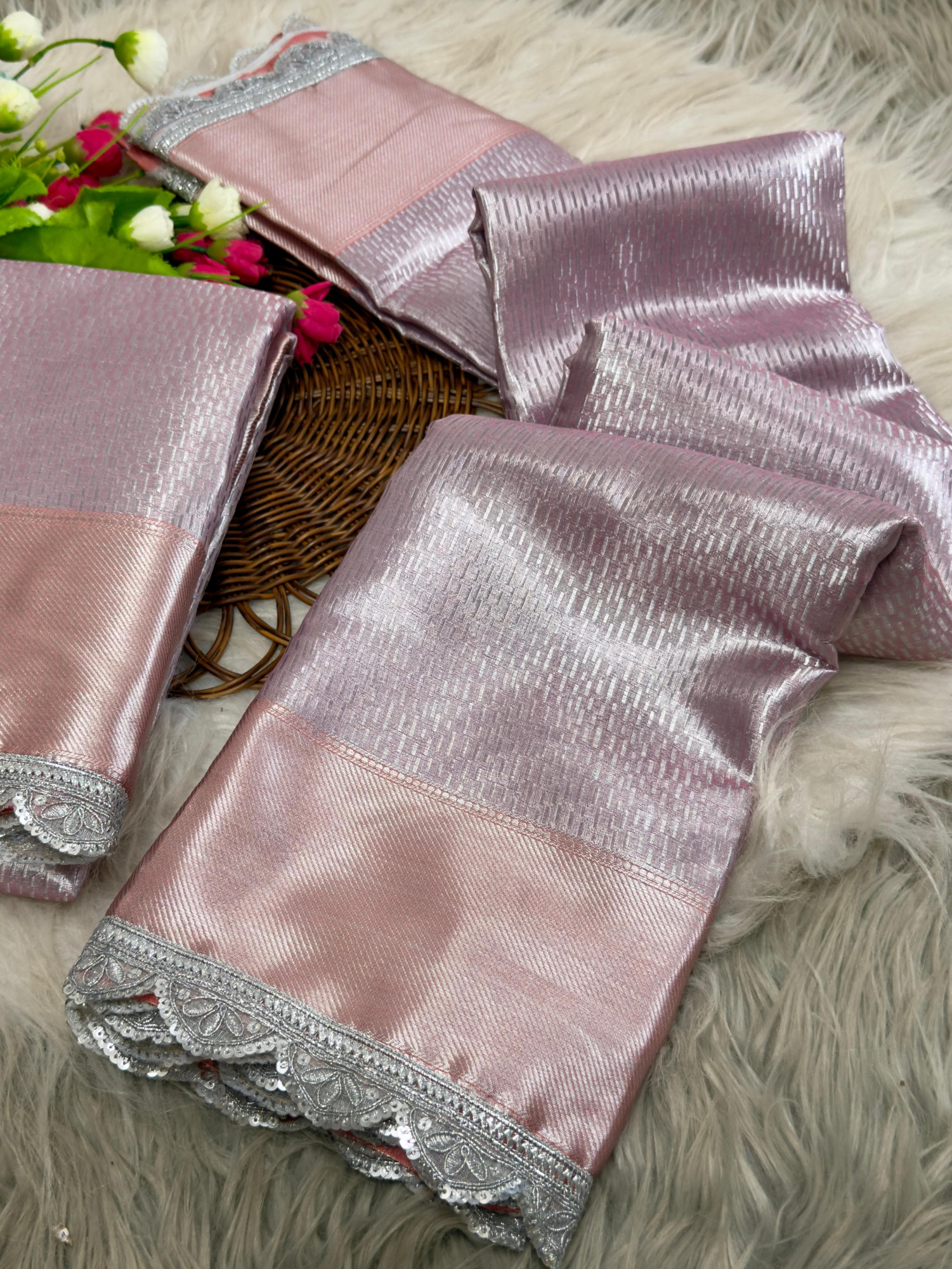 Pastel Pink Pure Banarasi Tissue Silk Shimmering Silver Shine Body Lace Border Saree