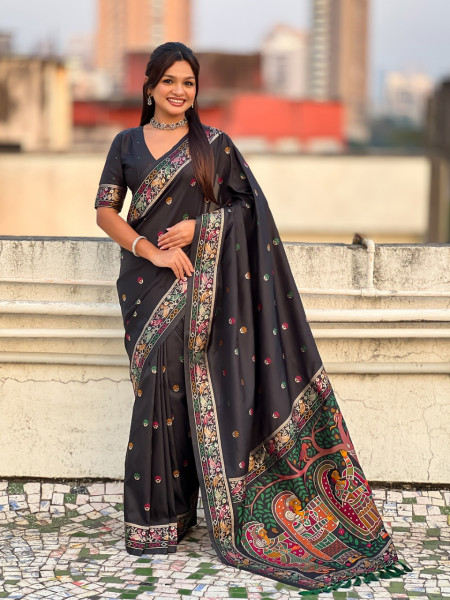 Image of Black Soft Silk Meenakari Floral Motifs Rich Zari Weaved Saree