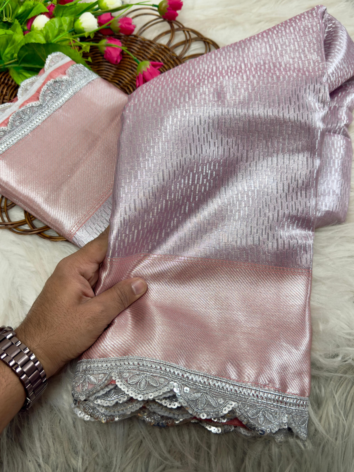 Pastel Pink Pure Banarasi Tissue Silk Shimmering Silver Shine Body Lace Border Saree