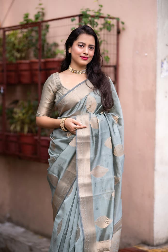 Ice Blue Organza Silk Zari Weaved Rich Pallu Saree