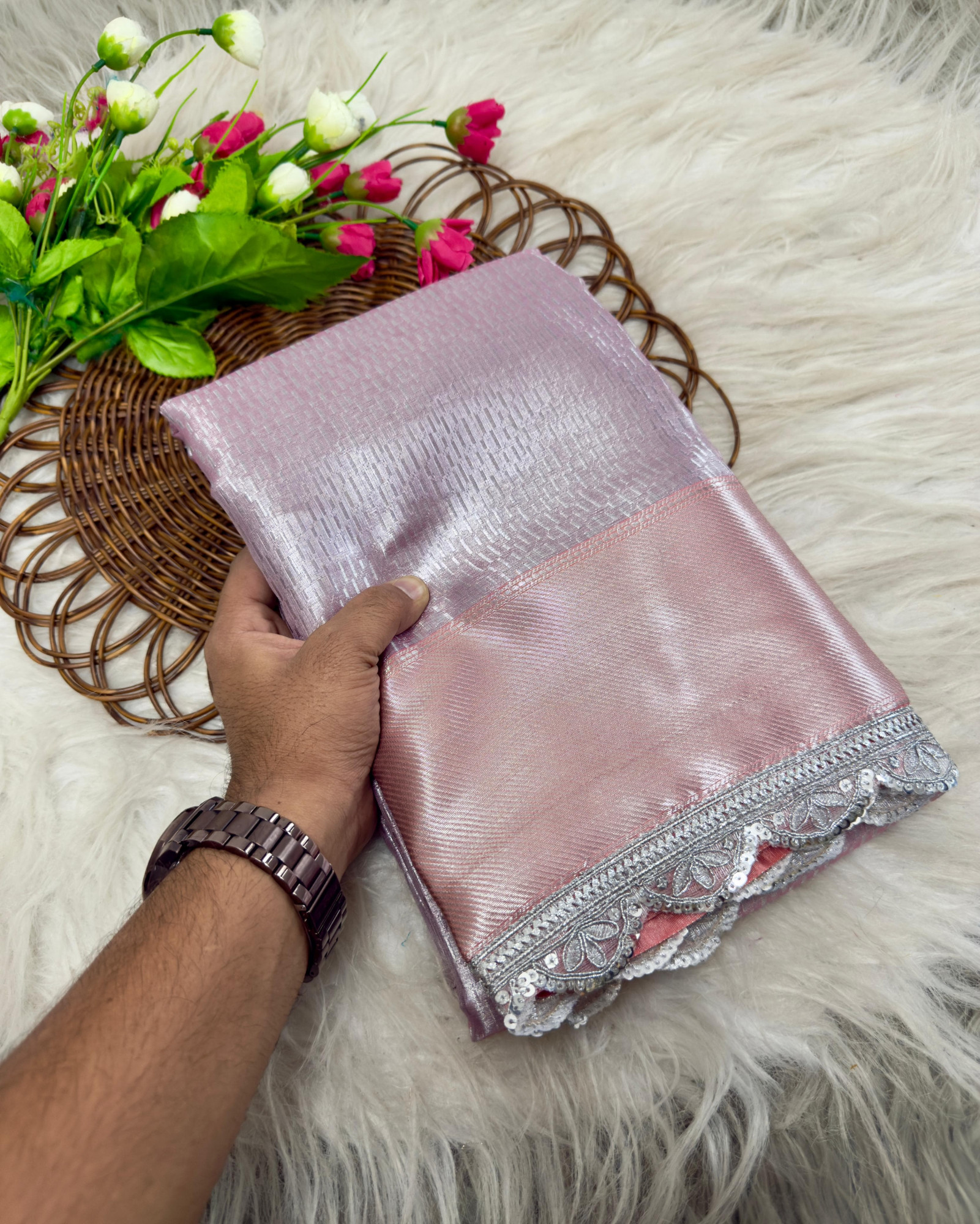 Pastel Pink Pure Banarasi Tissue Silk Shimmering Silver Shine Body Lace Border Saree