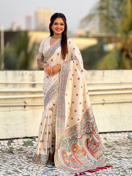 Image of Off White Soft Silk Meenakari Floral Motifs Rich Zari Weaved Saree