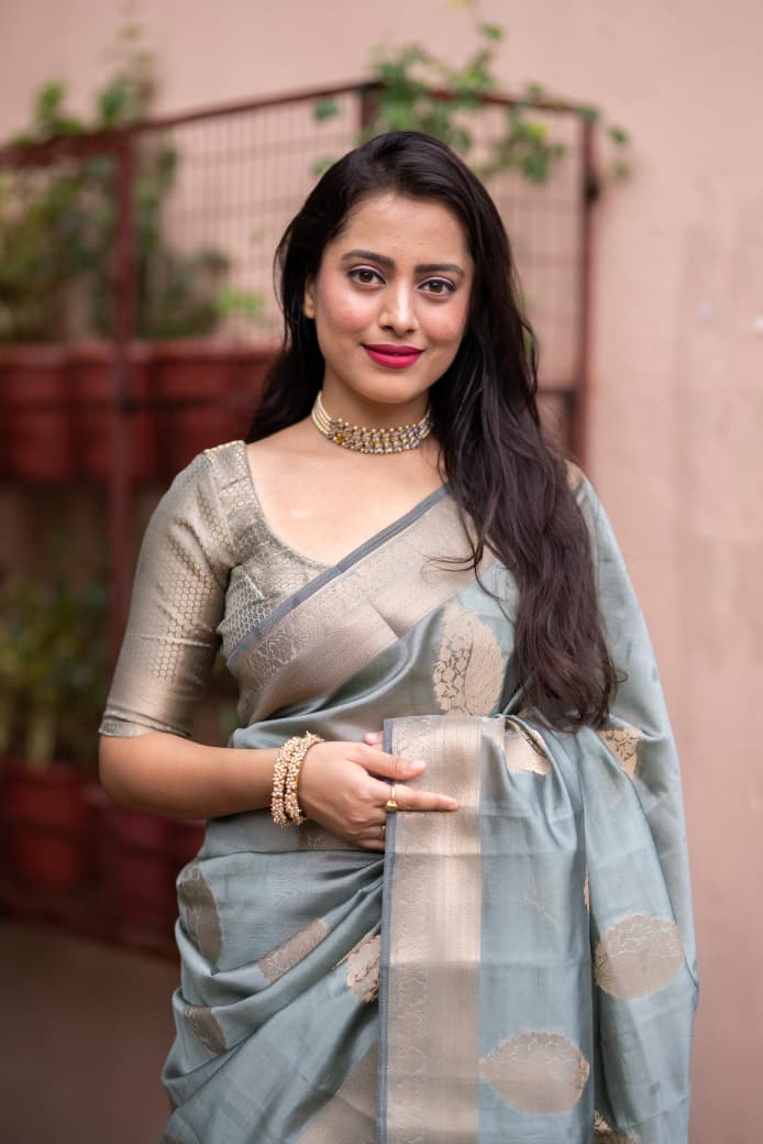 Ice Blue Organza Silk Zari Weaved Rich Pallu Saree