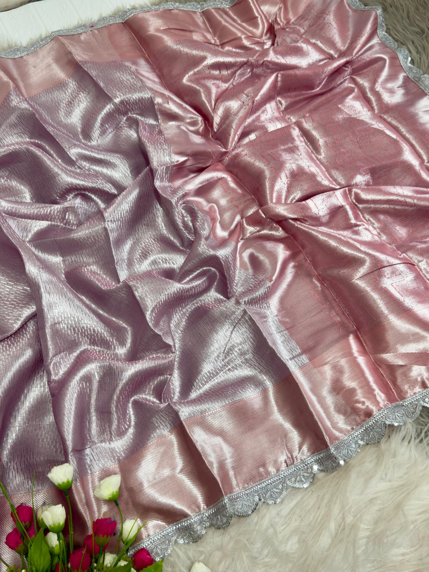Pastel Pink Pure Banarasi Tissue Silk Shimmering Silver Shine Body Lace Border Saree