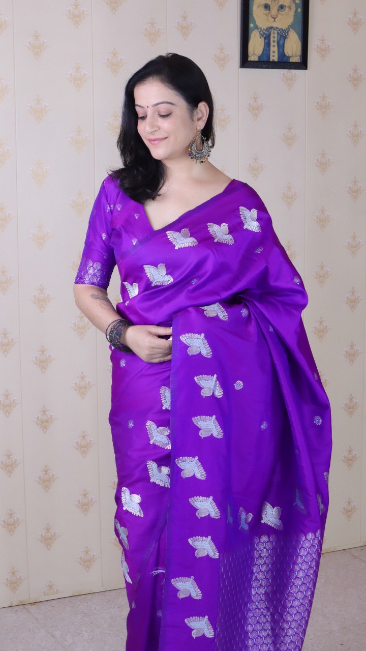 Purple Soft Moonga Silk Floral Motif Rich Pallu Bird Border Saree
