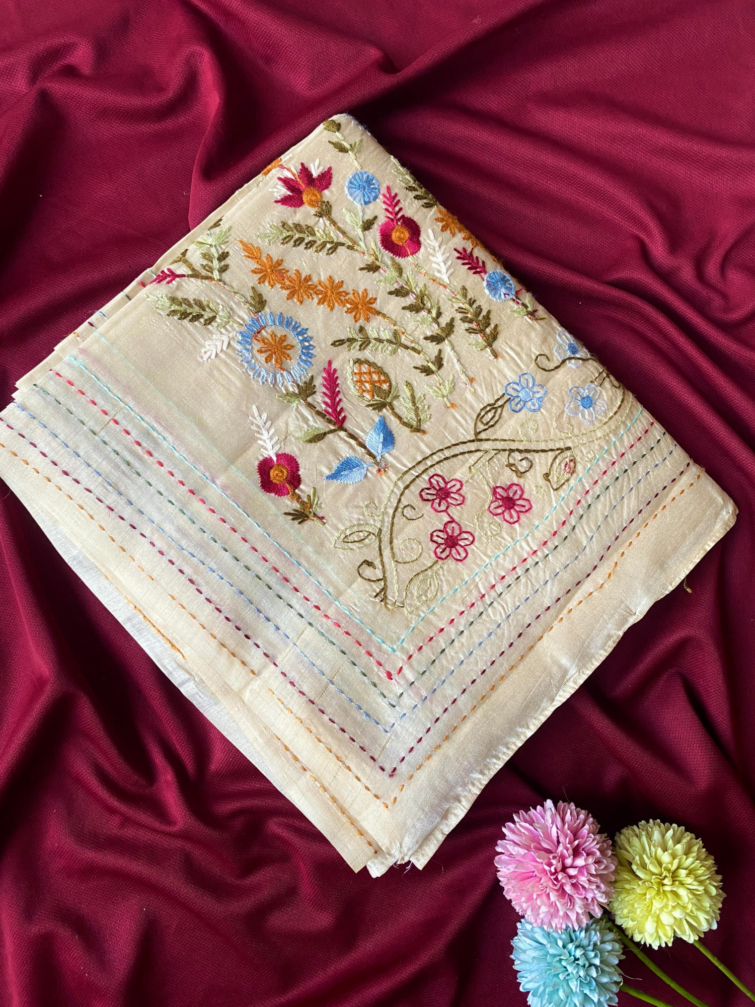 Beige Premium Tussar Silk Multi Embroidered Saree