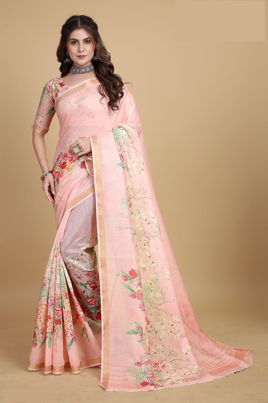Pure Linen Digital Floral Printed With Tiny Zari Border Saree