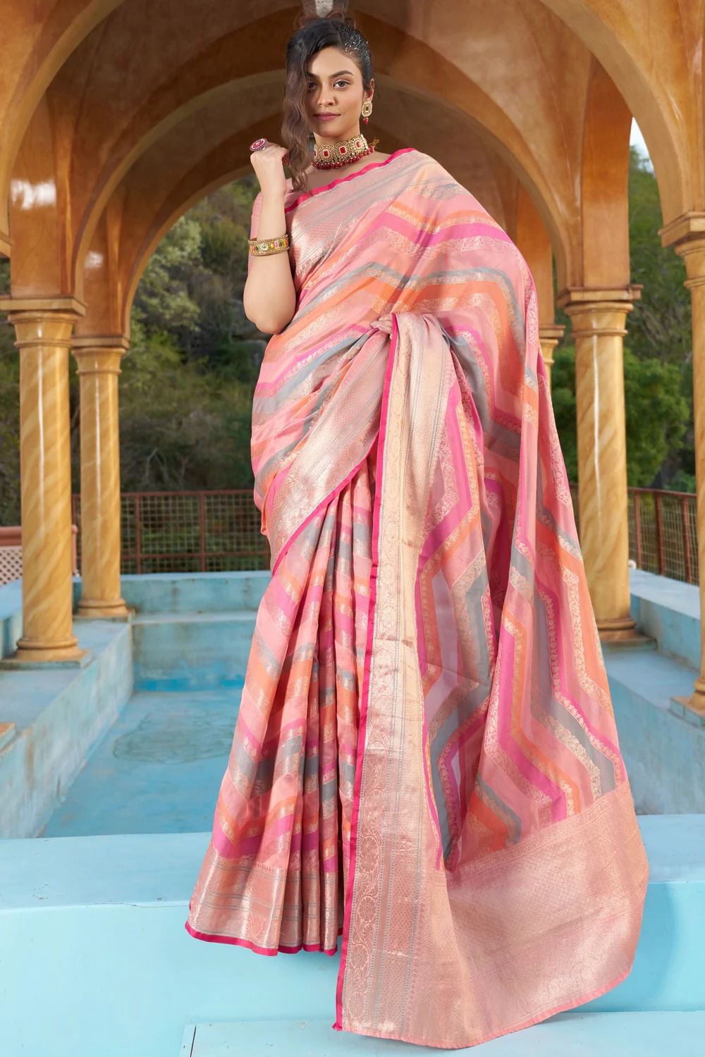 Pure Organza Silk Multi Color Lehariya Zari Weaved Pallu Sarees