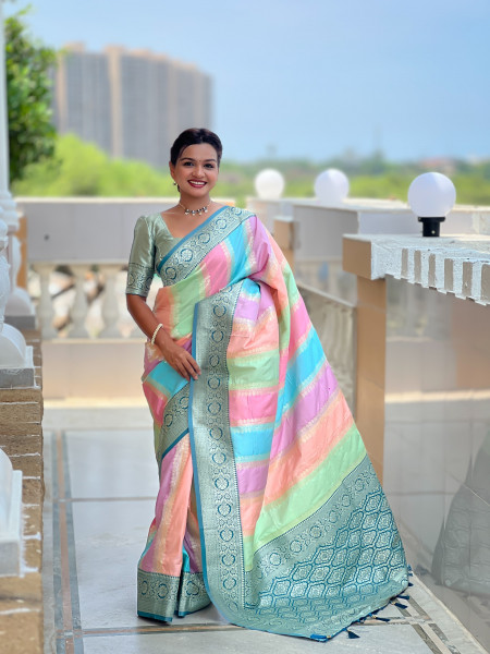 Image of Multicolor Pure Banarasi Silk Rich Zari Weaved Pallu Teal Border Saree