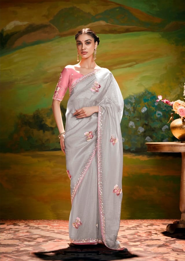Gray Pure Tissue Organza Embroidered Sequence Worked Saree