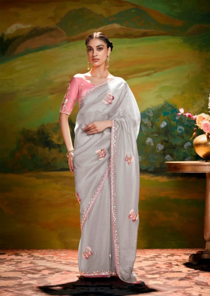 Image of Gray Pure Tissue Organza Embroidered Sequence Worked Saree