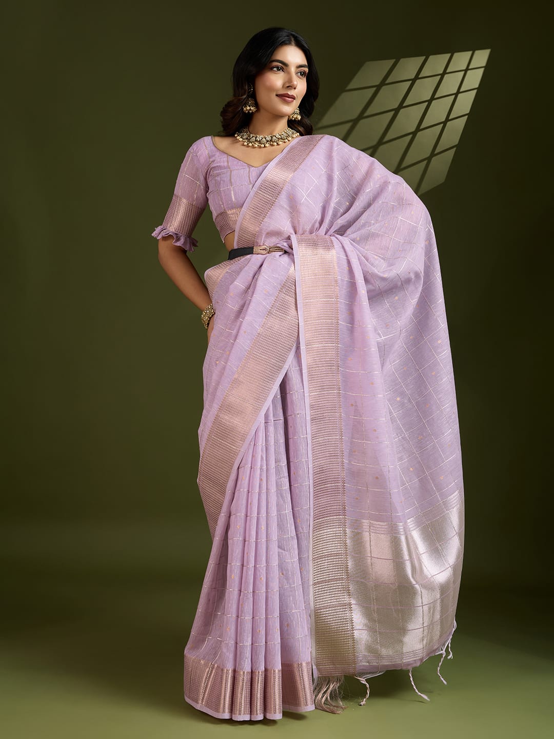 Lavender Pure Linen Tissue Silk Check Weaved Body Rich Zari Weaved Pallu Border Saree