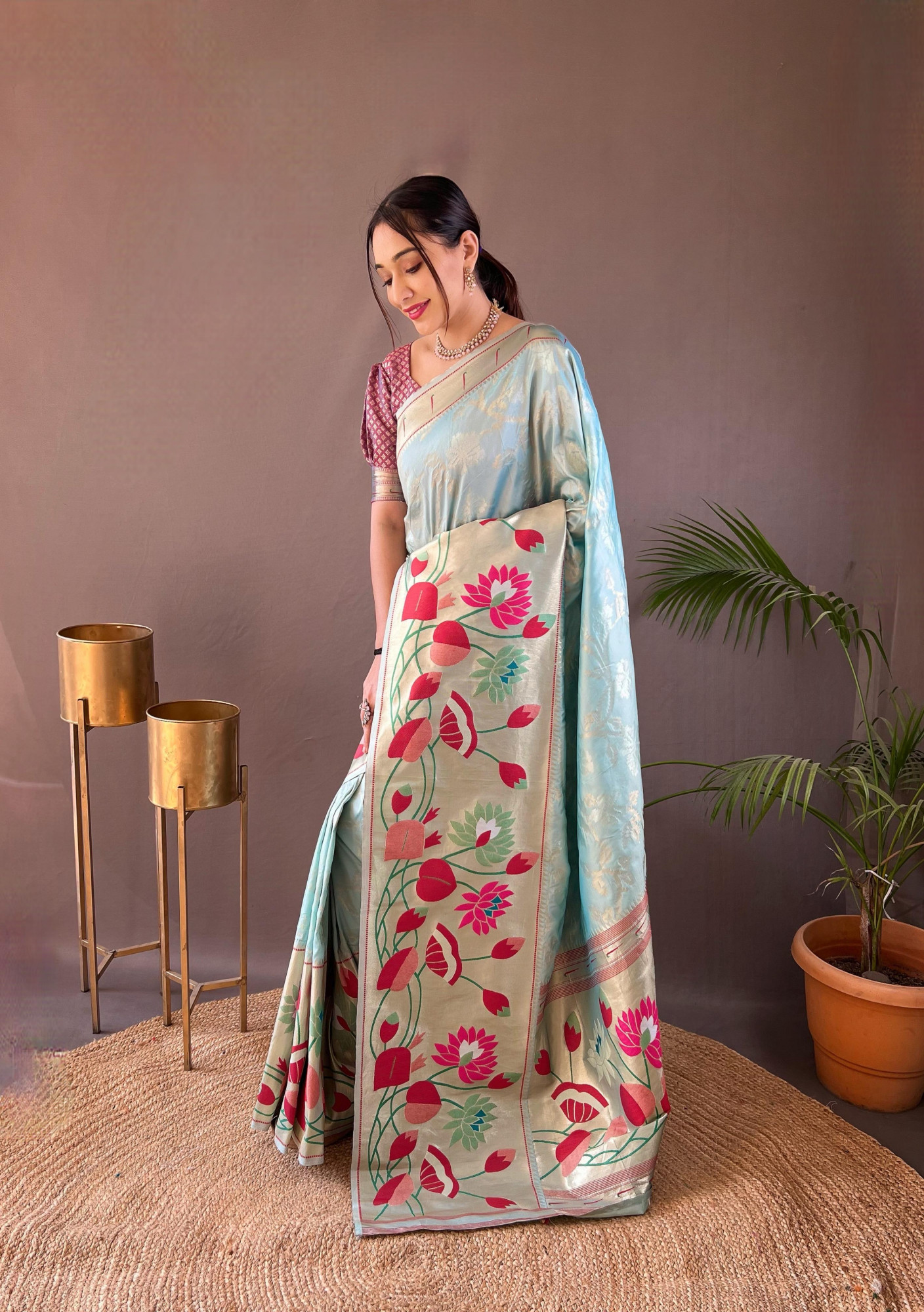 Light Sky Blue Banarasi Paithani Silk Rich Zari Meenakari Weaved Saree