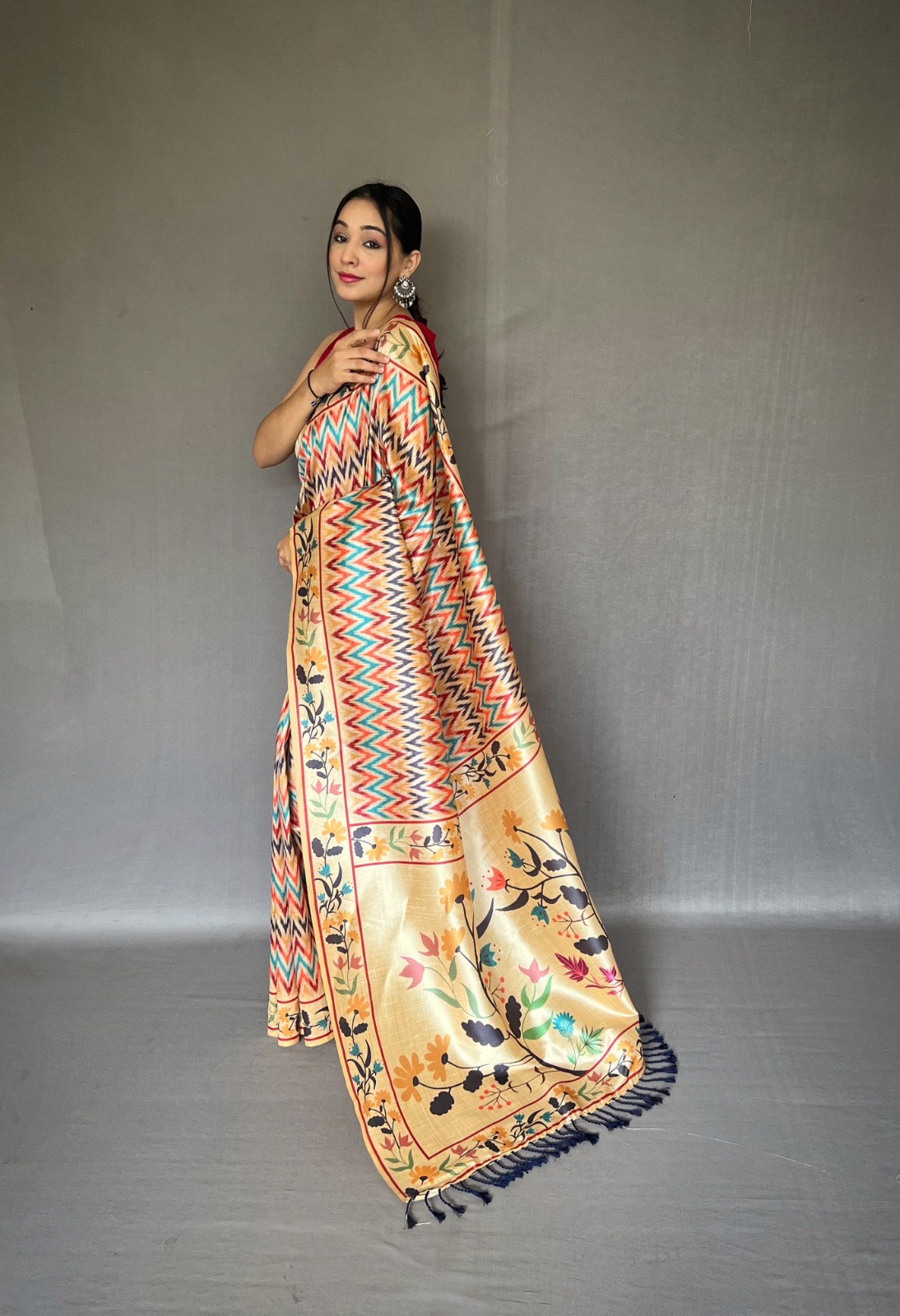 Soft Silk Paithani Style Printed All Over With Tassels On Pallu Saree