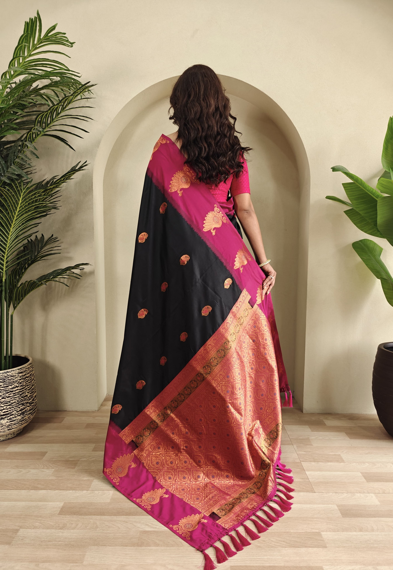Black Banarasi Silk All Over Zari Weaved Body Motifs Border Rich Pallu Saree