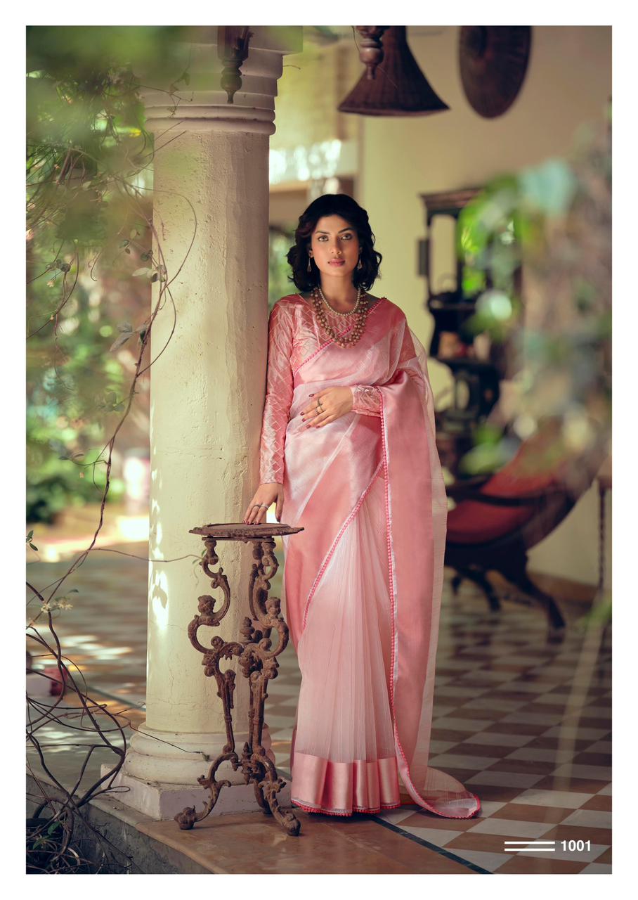 Pure Organza Silk All Over Zari Check Weaved With Satin Border Sarees