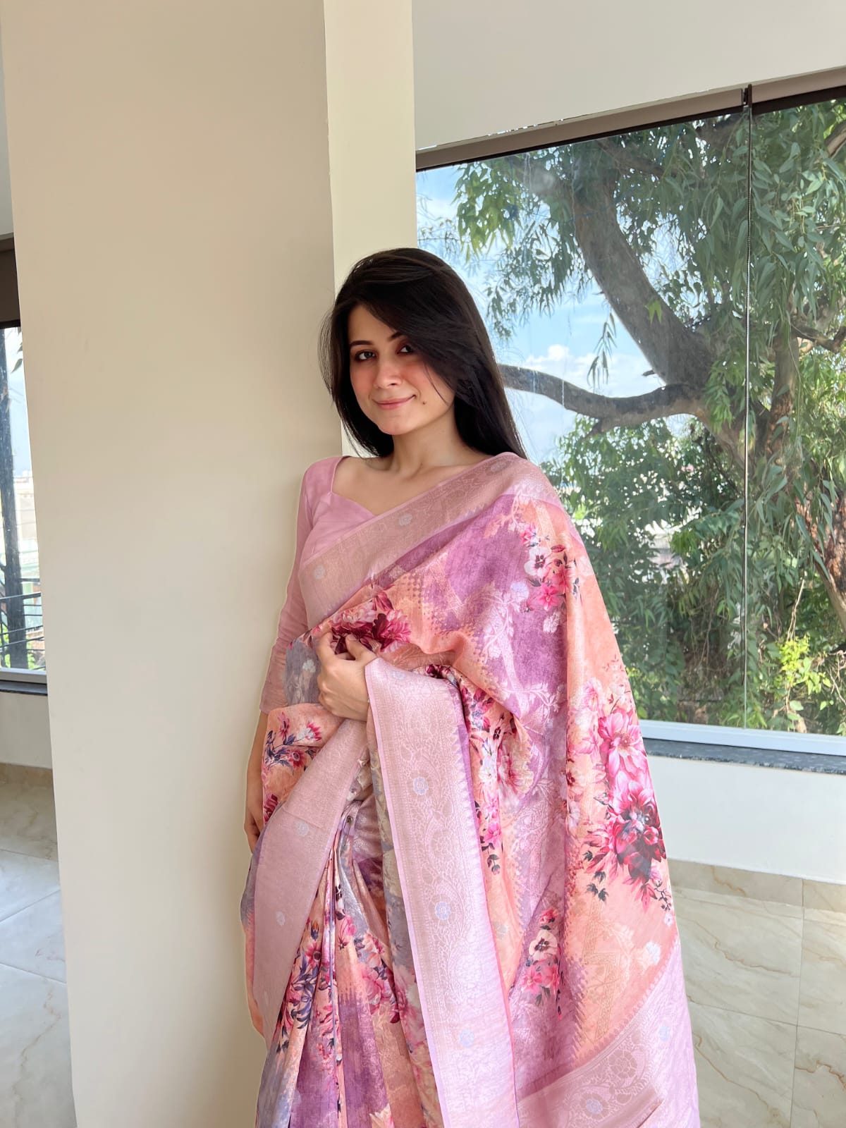 Pure Maheshwari Silk Zari Weaved Cum Digital Printed With Rich Pallu Saree