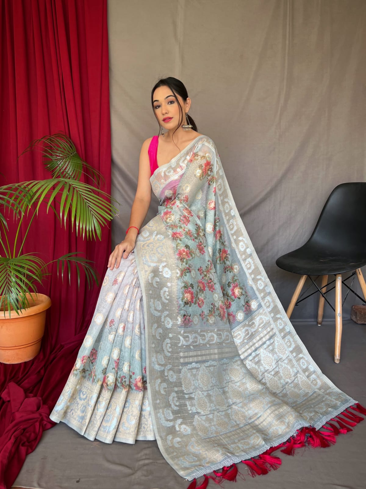 Pure Mushroom Silk Printed Silver Zari Weaved Saree