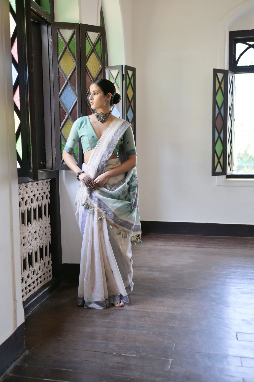 Beige Pure Muga Cotton Contrast Weaved Sea Green Pallu Saree