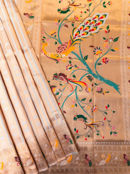 Image of Cream Premium Soft Paithani Silk Rich Zari Meena Weaved Saree