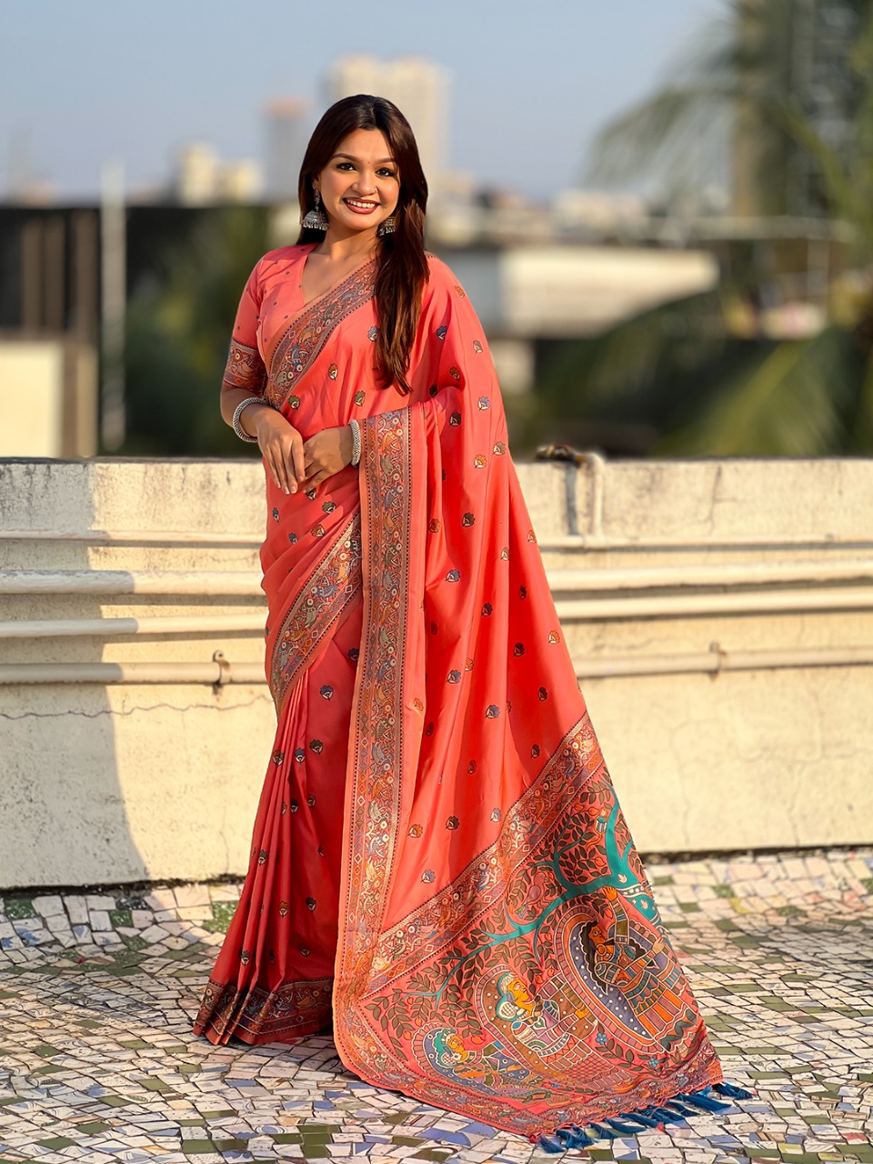 Coral Red Soft Silk Meenakari Floral Motifs Rich Zari Weaved Saree
