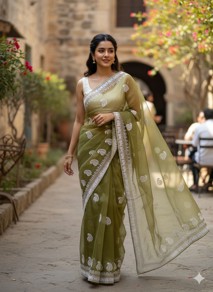 Mehendi Green Pure Organza Silk Lucknowi Embroidery Saree