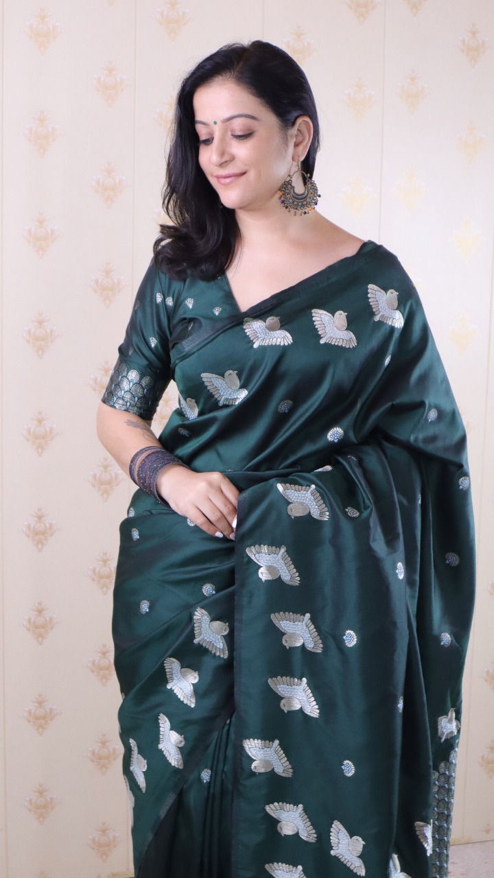 Bottle Green Soft Moonga Silk Floral Motif Rich Pallu Bird Border Saree