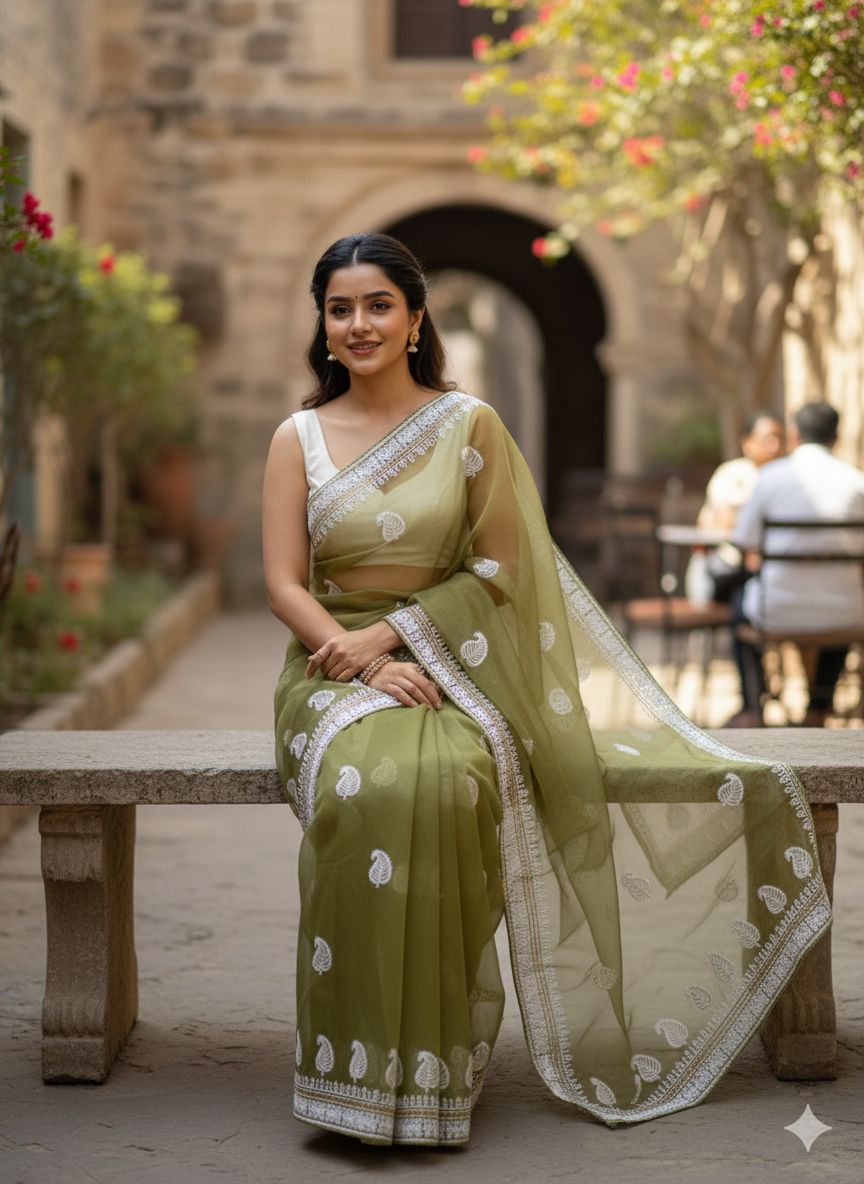 Mehendi Green Pure Organza Silk Lucknowi Embroidery Saree