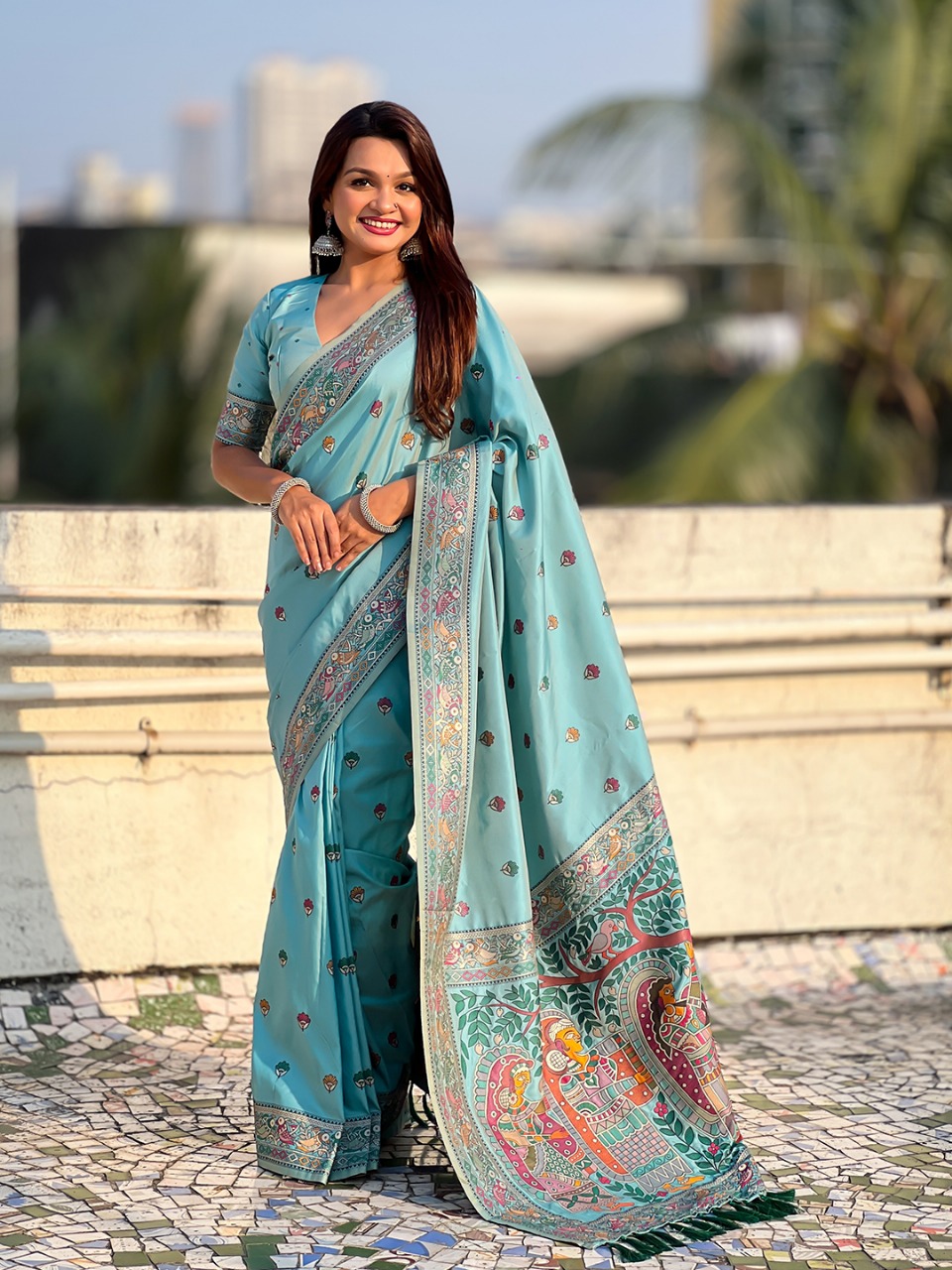 Sky Blue Soft Silk Meenakari Floral Motifs Rich Zari Weaved Saree