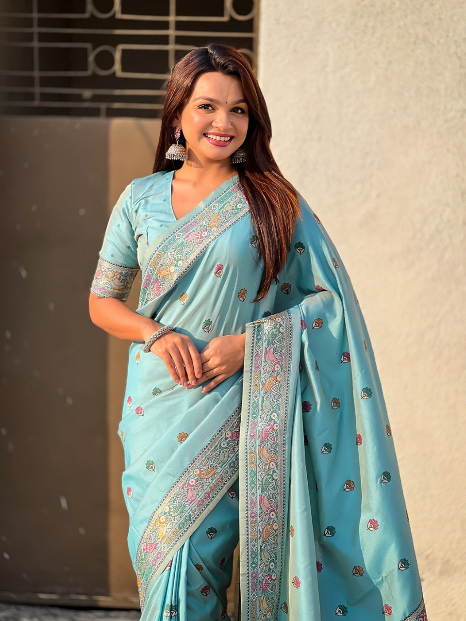 Sky Blue Soft Silk Meenakari Floral Motifs Rich Zari Weaved Saree