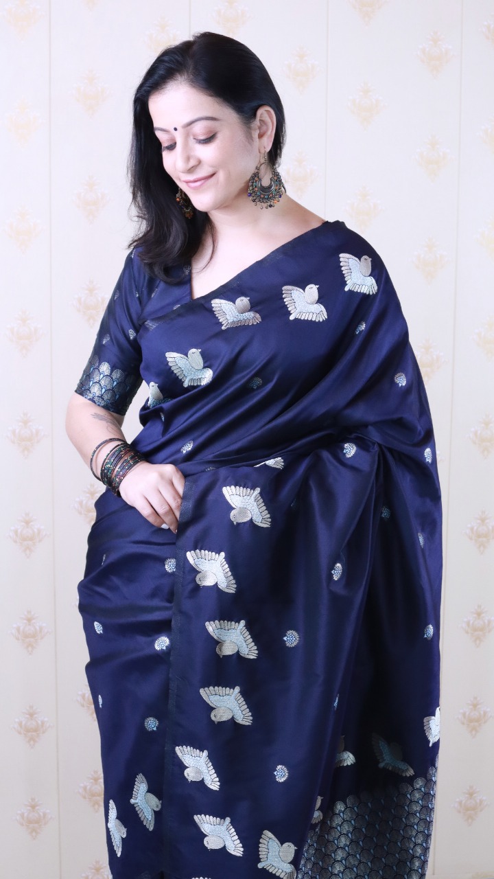 Dark Navy Blue Soft Moonga Silk Floral Motif Rich Pallu Bird Border Saree