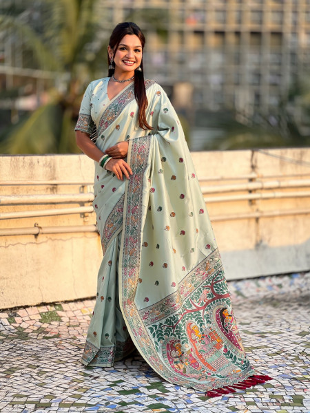 Image of Light Sea Green Soft Silk Meenakari Floral Motifs Rich Zari Weaved Saree