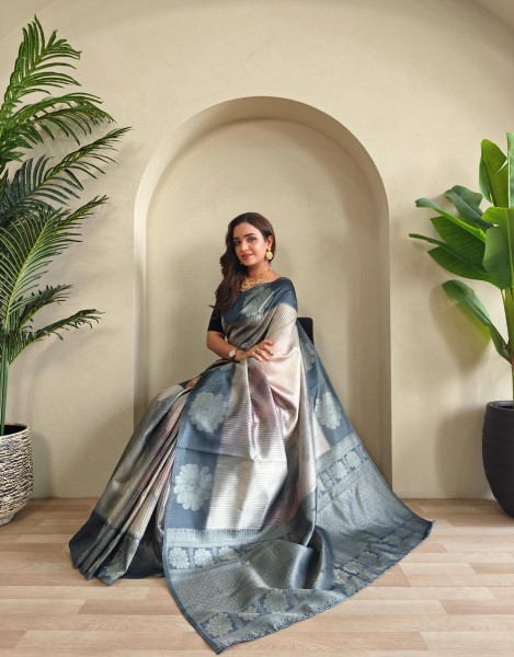 Image of Gray Premium Silk Printed Body Weaved Pallu Border Saree