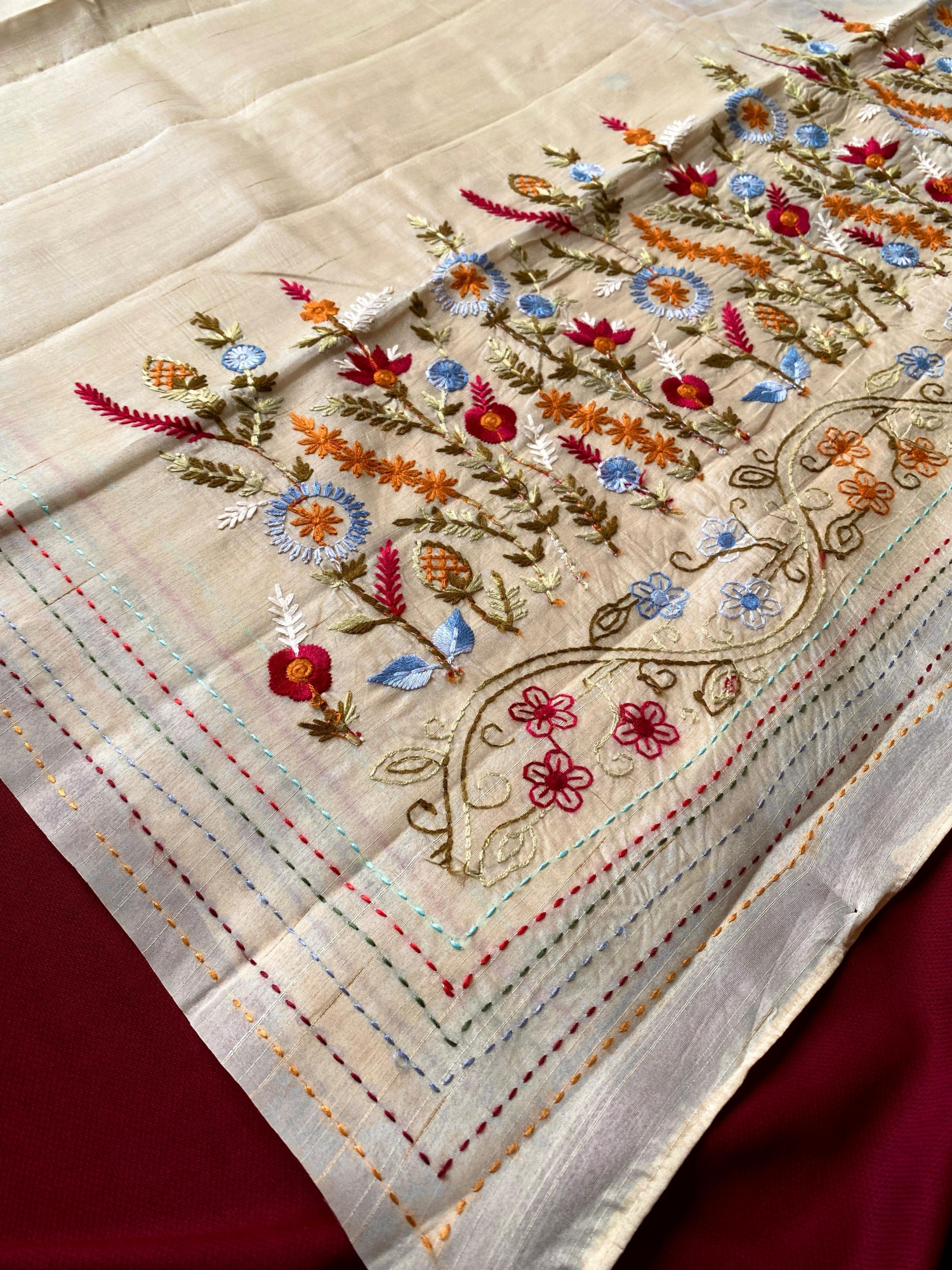Beige Premium Tussar Silk Multi Embroidered Saree