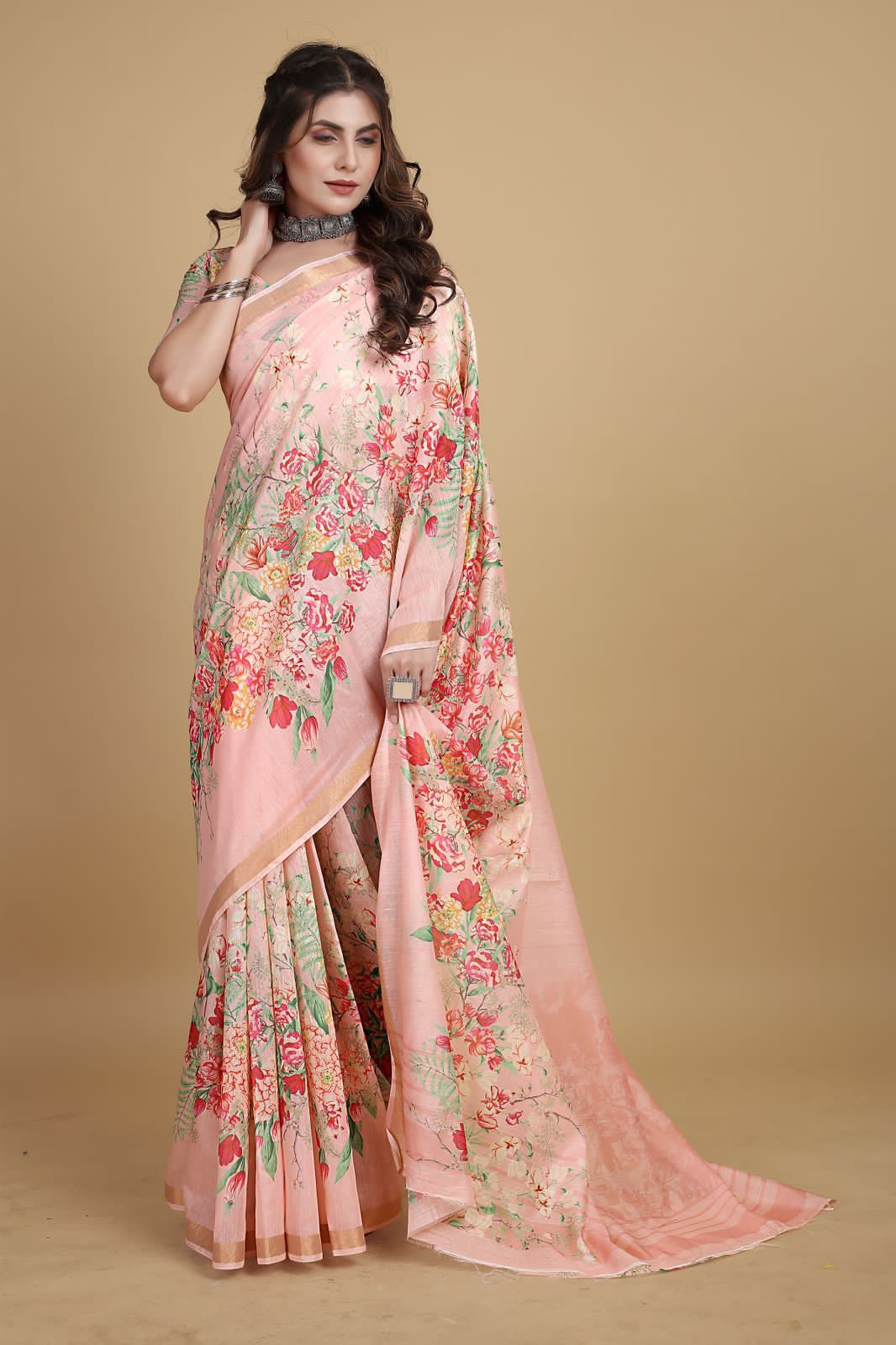 Pure Linen Digital Floral Printed With Tiny Zari Border Saree