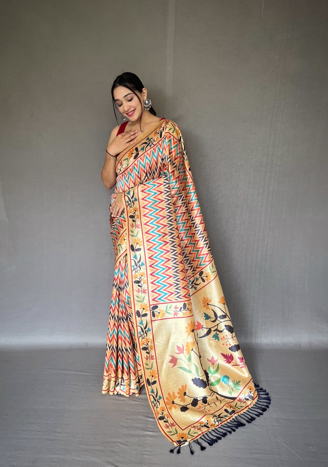 Soft Silk Paithani Style Printed All Over With Tassels On Pallu Saree