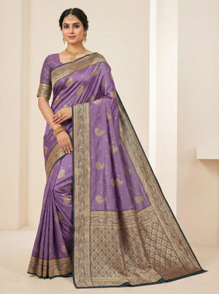 Image of Dark Lavender Banarasi Satin Silk Zari Weaved Saree
