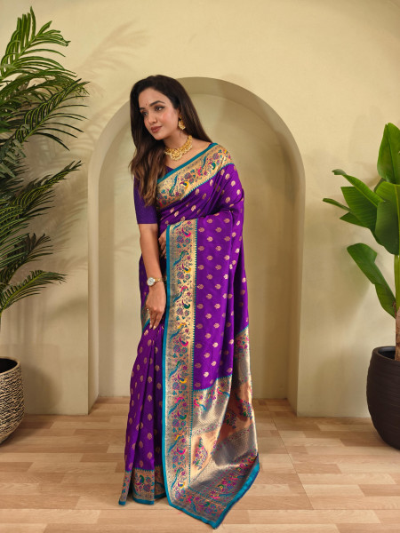 Image of Dark Purple Banarasi Paithani Silk Zari Meena Weaved Contrast Saree