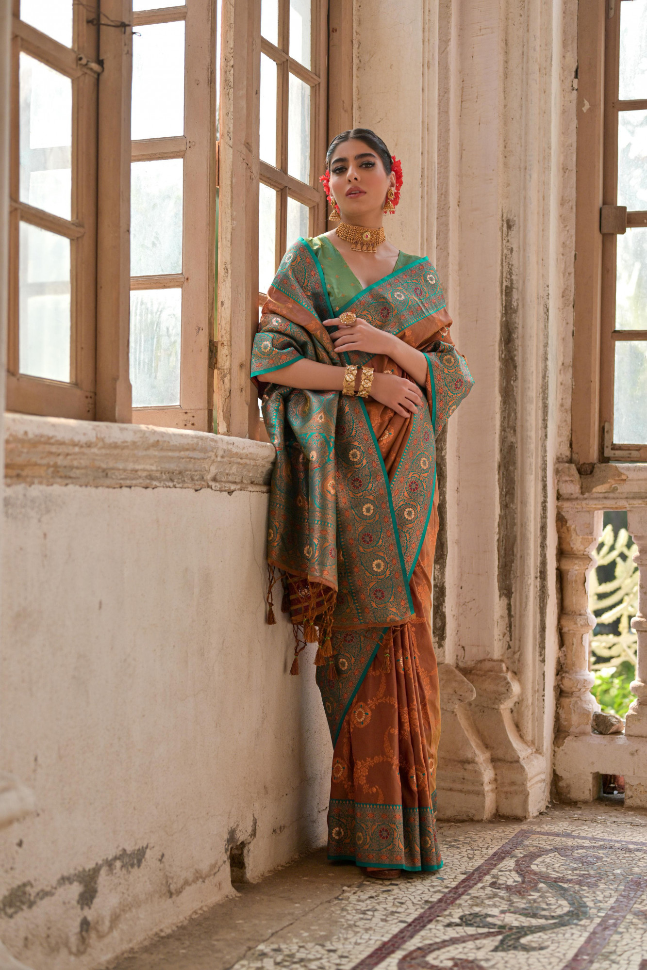 Brown Pure Banarasi Silk Contrast Zari Meenakari Rich Weaved Pallu Border Saree