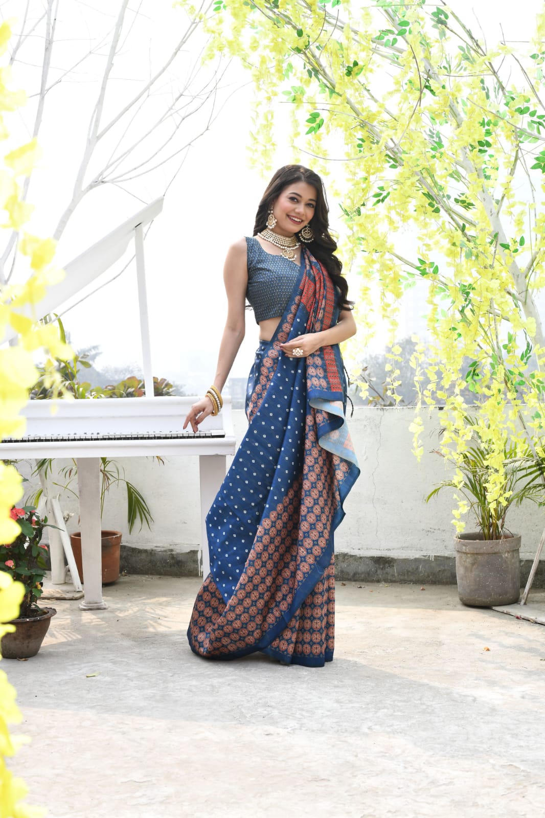 Cotton Silk All Over Zari Striped Pattern With Printed Pallu Saree