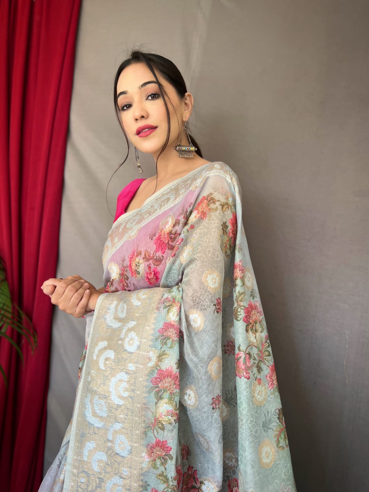 Pure Mushroom Silk Printed Silver Zari Weaved Saree