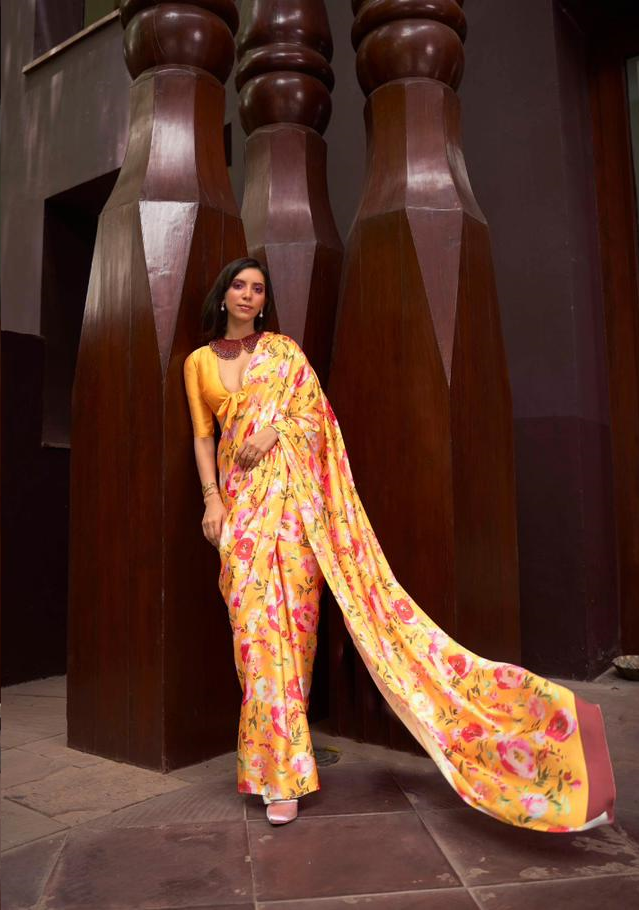 Pure Satin Crepe Digital Printed All Over With Fancy Blouse Saree